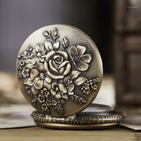 Ancienne montre de poche FOB Chaîne Fleur Rose Grave Horloge Homes Flip Bronze Montres Vintage Montres masculines pour hommes Femmes Cadeaux1