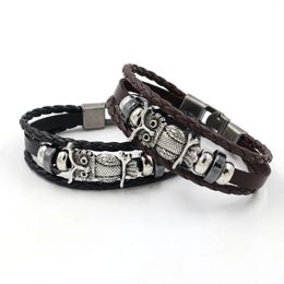 Oude zilveren uil bedelarmbanden weven meerlagige wrap lederen armbanden armbanden Bangle manchet polsband vrouwen mannen mode sieraden zwart bruin wil en zandig