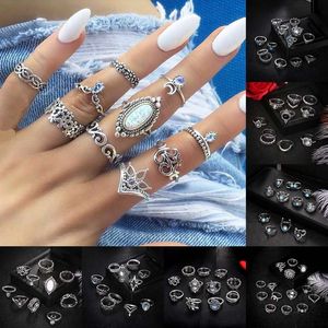 Oude zilveren stapel ring sieraden set midi knokkel ring kroon lotu blad ster olifant maan charme cluster ringen voor vrouwen mode sieraden cadeau