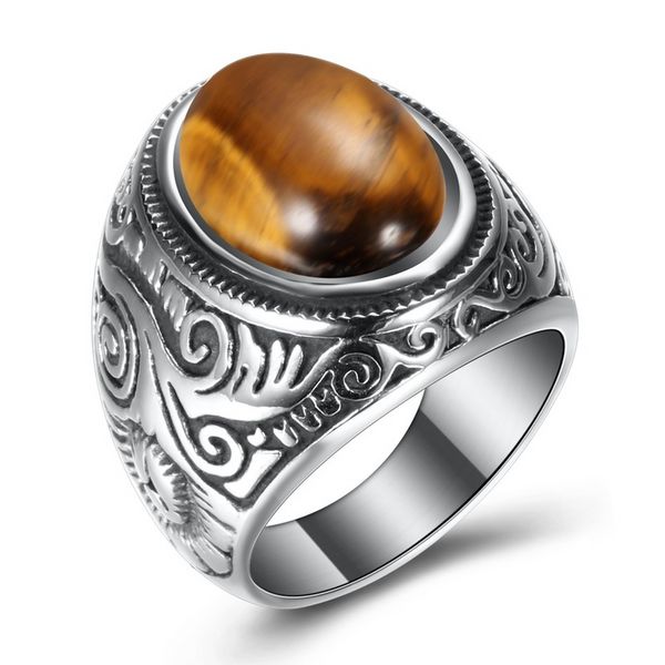 Plata antigua Acero inoxidable Ojo de tigre Anillo de piedra turquesa Banda Retrol Solitario floral Anillos gruesos para hombres Mujeres Joyería de moda Will y Sandy