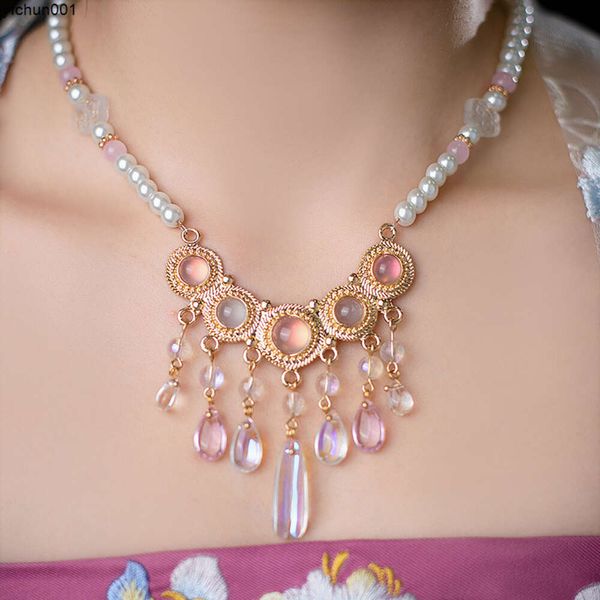 Collar de estilo antiguo Hoja de loto Sistema Ming suave Accesorios de cuello plano Ropa Han Hada Gas Borlas femeninas Cara colorida de cinco anillos