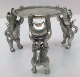 Tibet antique argent chinois fait à la main 3 chats plaque Statue lampe à huile chandelier