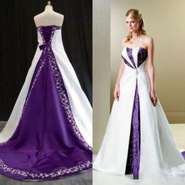 en 2021 witte koninklijke paarse jurken vintage borduurwerk veter omhoog satijnen sweep trein kristallen ruches plekken bruiloft jurk vestidos 403