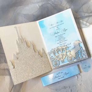 Et cartes de voeux de château de chariot thème Tri Fold cartes d'invitation de mariage découpées au Laser décoration de faveur de fête d'anniversaire 0617