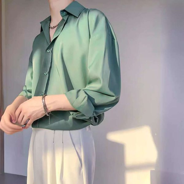 Chemise courte en soie glacée suspendue Pi Shuai pour hommes, nouveau Style coréen à manches longues, ample, à la mode, 2024