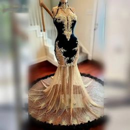 et Gold Sequin Elegant Prom Robe For Black Girls 2024 High Necy Lace Applique Party Party Gowns Vestido de Festa Gala