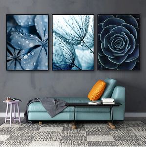 Y pinturas cuadros de pared para decoración para sala de estar diente de león azul suculentas hojas de Monstera cuadro sobre lienzo para pared carteles nórdicos Woo