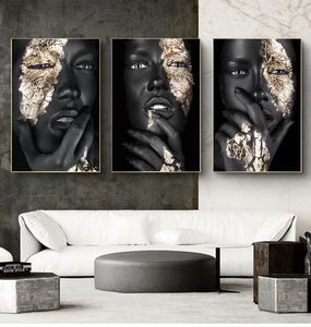 En afdrukken Scandinavische muurkunstfoto voor woonkamer Afrikaanse kunst zwart en gouden vrouw olieverfschilderij op canvas cuadros posters woo