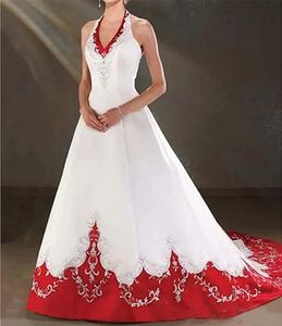 en rood wit elegant een lijn trouwjurken borduurwerk halter nek mouwloze lange satijnen bruidsjurk court trein vintage robe de mariee 2024