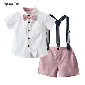 en top zomer kinderen babyjongen formeel pak korte mouw met shirt+suspender broek casual kleding outfit gentleman set 2pcs l2405