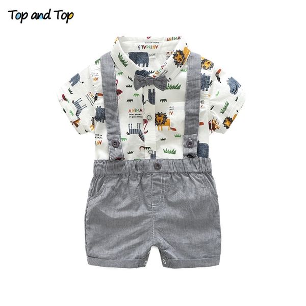 Y top verano niño bebé niño caballero ropa conjunto manga corta impreso pajarita mameluco camisa + tirantes pantalones cortos 210309