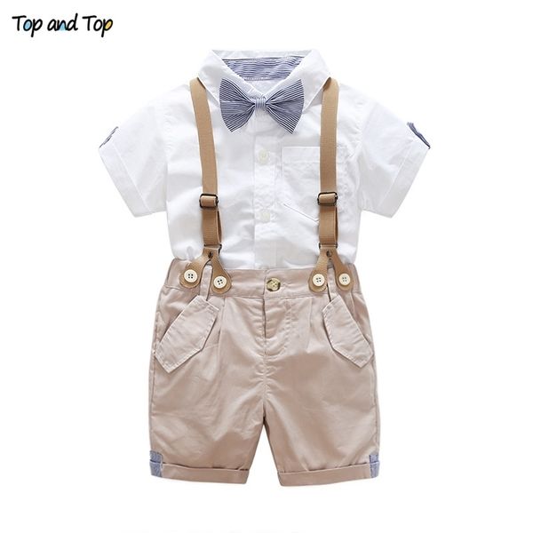 Conjuntos de ropa para niños pequeños de verano, camisa de pajarita de manga corta + tirantes, pantalones cortos, trajes formales para caballero, 210309