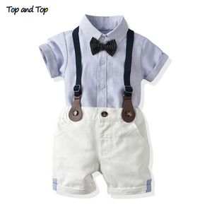 und Top Kleinkind Baby Kleidung Gentleman Kurzarm Hemd + Hosenträger Shorts 2PCS Outfits Neugeborenen Jungen Kleidung Set 210309