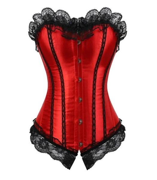 Andreagirl sexy satin lace up up overbust corset et bustier avec garniture en dentelle showgirl strie lingerie rouge s6xl mode 81131880530