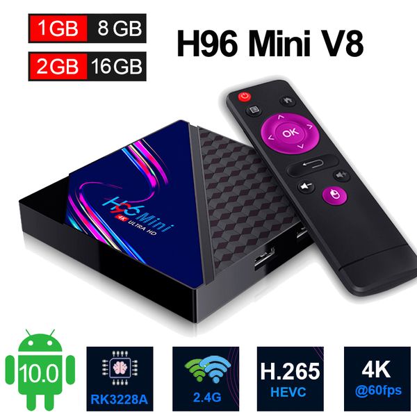 Android 10.0 TV Box RK3228A Quad Core Wifi 4K H.265 Lecteur multimédia intelligent 2GB 16GB 1G8G Décodeurs H96 Mini V8 Android10 TVbox