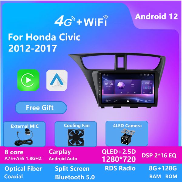 Android 12 2Din autoradio multimédia lecteur vidéo universel Auto stéréo GPS carte pour HONDA CIVIC 2012-2017