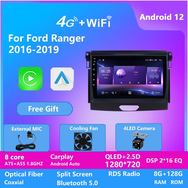 Autoradio Android 12, vidéo stéréo, 2 Din, lecteur multimédia GPS, Carplay, pour Ford RANGER 2016 – 2019