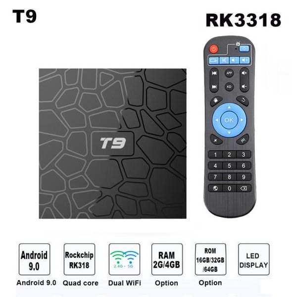 Android 90 TV Box T9 RK3318 QuadCore 2GB 16GB 4K décodeur 24G5G double WIFI BT lecteur multimédia intelligent 1577198