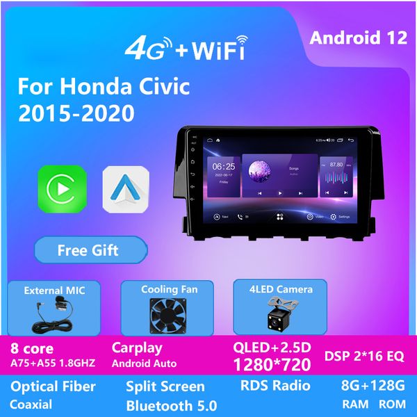 Radio Multimedia con vídeo para coche Android, estéreo con marco y reproductor de cables para Honda CIVIC 2016-2018, carplay integrado