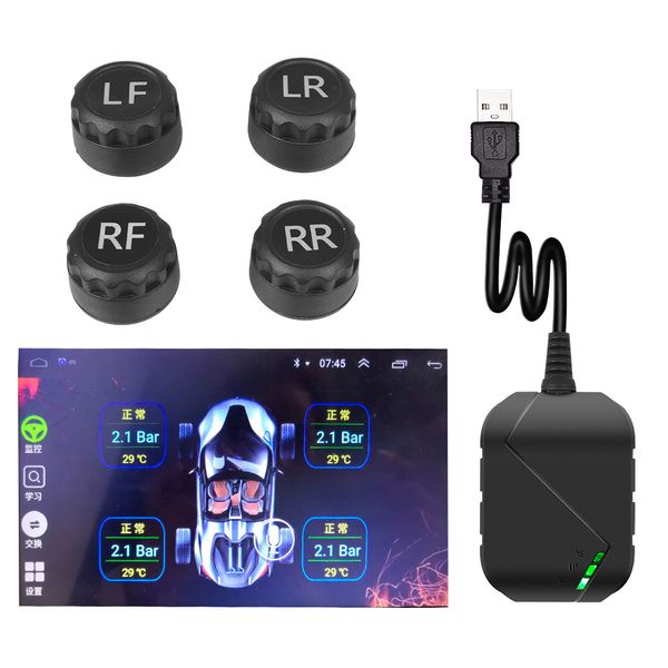 Android TPMS para Radio de coche, reproductor de DVD, alarma, sistema de control de presión de neumáticos automático, neumático de repuesto, 4 sensores externos, USB TMPS