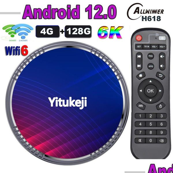 Android TV Box 10pcs Yitukeji Y8 12 Allwinner H618 128Gb 64Gb 32Gb 2Gb16Gb Reproductor multimedia 2.4G 5G Wifi6 Bt4.0 100M 6K Ota Entrega directa Dhxoq