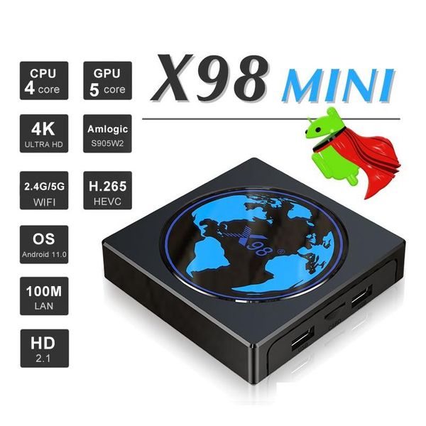 Android Tv Box X98 Mini 11.0 Amlogic S905W2 4G 64Gb Support Av1 2.4G 5G Wifi Bt Media Player 4Gb32Gb Décodeurs Drop Delivery Ele Dhvuf