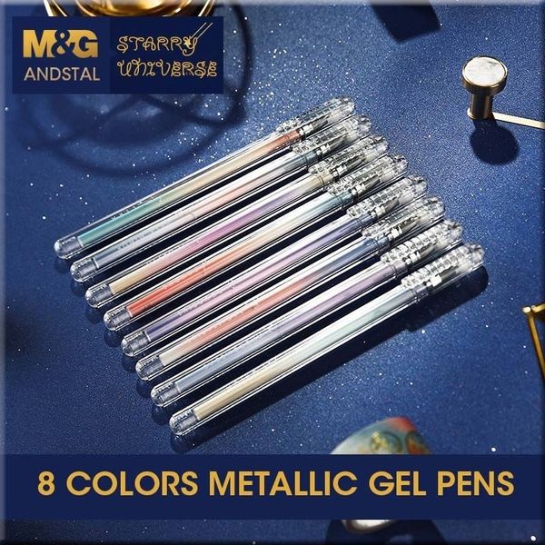 Andstal 8 colores / set Colores metálicos Gel Pens Set 0.5mm MG Glitter color gel tinta pluma Dibujo Arte Marcador Regalo Papelería Y200709