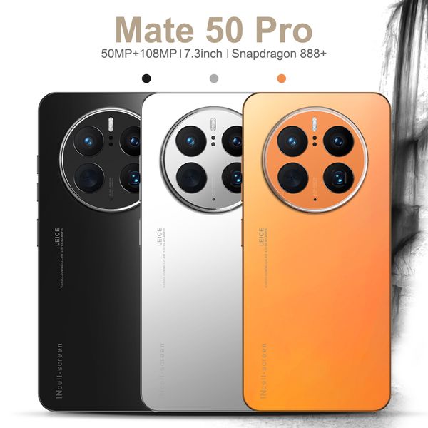 Andtwo Mate50 Pro Téléphone cellulaire Snapdragon 888 Deca Core Dual Sim SD Card Slot 7.3 Full HD Affichage 50MP 108MP CAMERIE 8 Go 256 Go