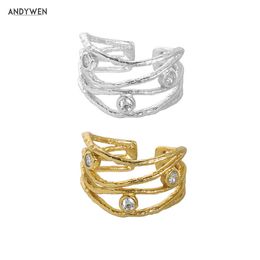 Andywen 100% 925 Sterling Silver Gold Truck Onregelmatige Geometrische Resizable Ringen Verstelbare Damesmode Sieraden Gift 210608