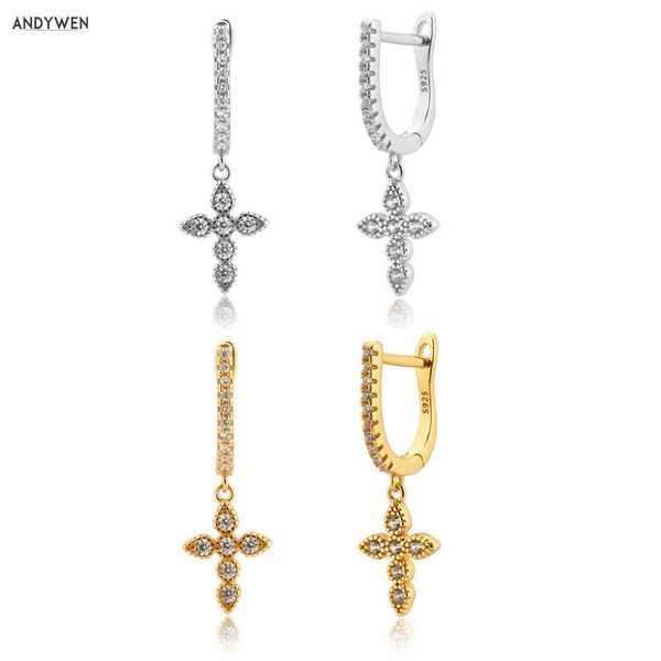 ANDYWEN 100% 925 argent Sterling grands ovales grande croix goutte boucle d'oreille arrivées conception Pendiente Zircon CZ bijoux de luxe 210608