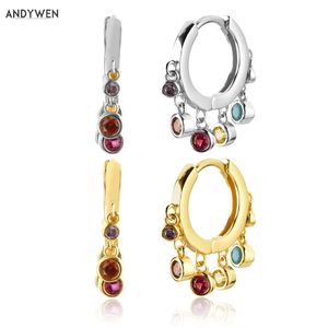 Andywen 925 Sterling Zilver 9.5mm zes kleur Zirkoon Charm Piercing Ohrringe Drop Earring Pendiente Fashion Fine Jewelry 210625