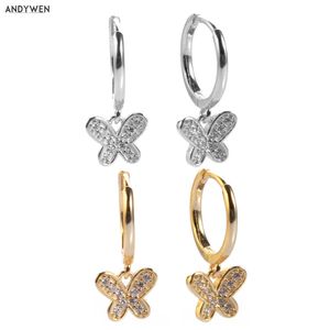 ANDYWEN 925 Sterling Silver Animal Butterfly Pendientes Mujer Pendientes de aro Joyería Círculo Gota Pendiente Rock Punk 210608