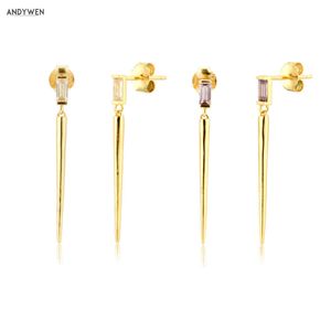 Andywen 925 Sterling Zilver Clear Paars Zirkoon Drop Earring Piercing Lange Slanke Spike Pendientes Dames Rock Punk Sieraden 210608