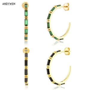 ANDYWEN 925 Sterling Zilver Goud 19mm Grote Hoops Vierkante Zirkoon Groen Zwart Piercing Oorbel Rock Punk Grote Sieraden 210608319U