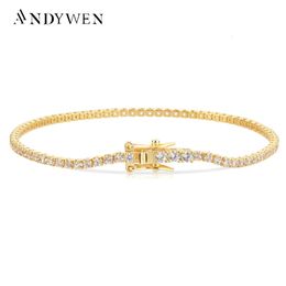 ANDYWEN 925 argent Sterling or 2mm coupe ronde Tennis Bracelet Zircon CZ bracelet Claps femmes chaîne cristal mariage bijoux fins 240118