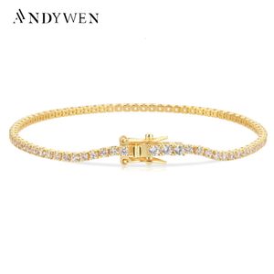 ANDYWEN 925 Sterling Zilver Goud 2mm Ronde Cut Tennis Armband Zirkoon CZ Bangle Clap Chain Kristal Bruiloft Fijne Sieraden 240105