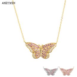 ANDYWEN 925 Sterling Silver Gold Butterfly Luxury Pink Clear Long Chain Necklace 2021 Fine Jewelry Crystal CZ Spring Jewelry Q0531