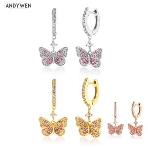 Andywen 925 Sterling Silver Gold Butterfly Pendentif Boucle d'oreille Clear Rose Fine Bijoux Cadeau de luxe Mariage Piercing Pendiente 210608