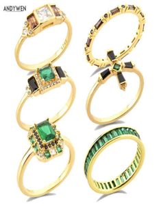 Andywen 925 STERLING GOLD GOLD GREEN Zircon Ring Collection Luxury Anillofino Marilyn Crystal Black Femmes Wedding6325676