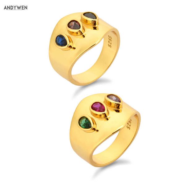 ANDYWEN 925 Sterling Silver Gold Gemstone Big Large Rings Trois Zircon Rouge Vert Marron Coloré Rock Punk Bijoux 210608