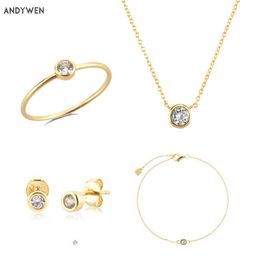 Andywen 925 Sterling Zilver Goud One Ronde Zirkoon CZ Charm Stud Earring Ring Armband Ketting Sieraden Set 2022 Huwelijkscadeau