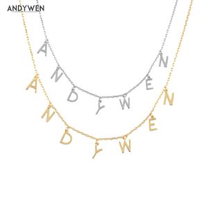 Andywen 925 sterling zilver goud gewone brief eerste alfabet personaliseer naam hanger lange ketting ketting charm 201 bruiloft