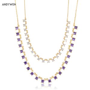 ANDYWEN 925 Sterling Silver Gold Purple Zircon CZ Charmes Chaîne De Luxe Collier Ras Du Cou Femmes De Luxe Cher Plein Gemmes Bijoux Q0531