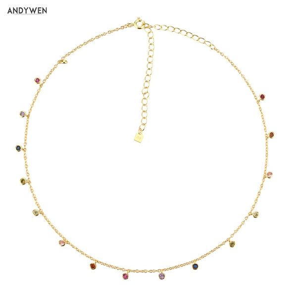 Andywen 925 Sterling Silver Gold Rainbow Zircon Charme Collier Chaîne Collier Rock Punk Party Perles Pendentif Fine Bijoux 210721