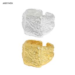 Andywen 925 Sterling Silver Gold Resizable Bague carrée Rock Punk rond GRAND GRAND GRAND GÉMÉMENTAIRE IRREGULAIRE MARIAGE Cadeau 210608