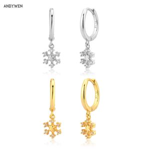 Andywen 925 Sterling Silver Gold Star Charm Drop Earring Clips Crystal Tiny Dangle Piercing Luxe CZ Fijne Sieraden 210608