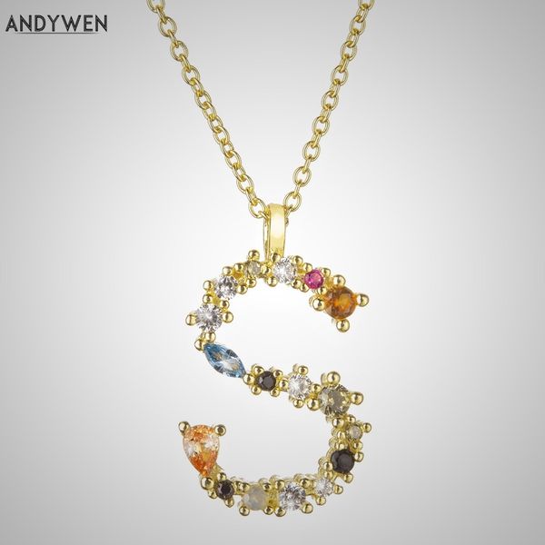 ANDYWEN 925 Sterling Argent Lettre S Initiale P L Pendentif Longue Chaîne Collier Cauchemar Avant Noël Chanceux Cristal Bijoux Q0531