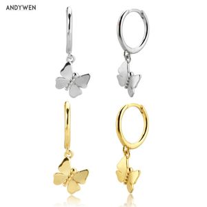 Andywen 925 Sterling Zilveren Plain Butterfly Drop Earring Animal Pendiente Luxe Mode Piercing Sieraden 210608