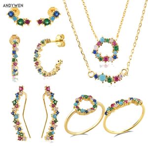 Andywen 925 Sterling Silver Rainbow CZ Spring Angelique Sparkle Tutti Frutti Clips Hoop Stud Earring Ring Collar Sieraden Set