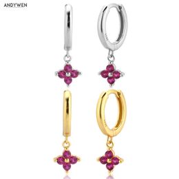 Andywen 925 Sterling Zilver Rose Rood Vier Crystal Pendent Charm Circle Pendiente Drop Earring Piercing CZ Zirkoon Mode-sieraden 210608